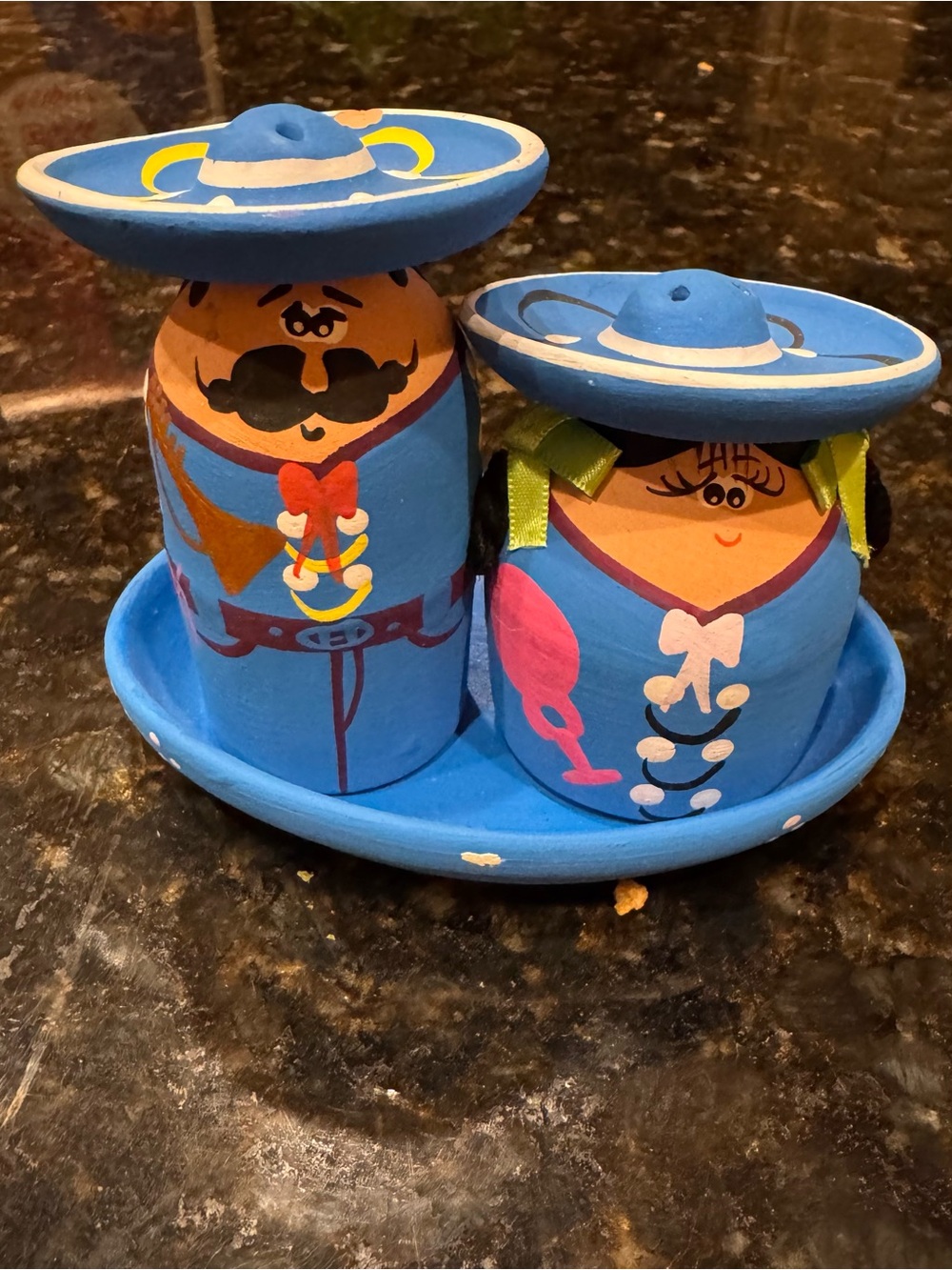 Hand-Painted Blue Mexican Sombrero/charros salt/pepper Set. Made of clay